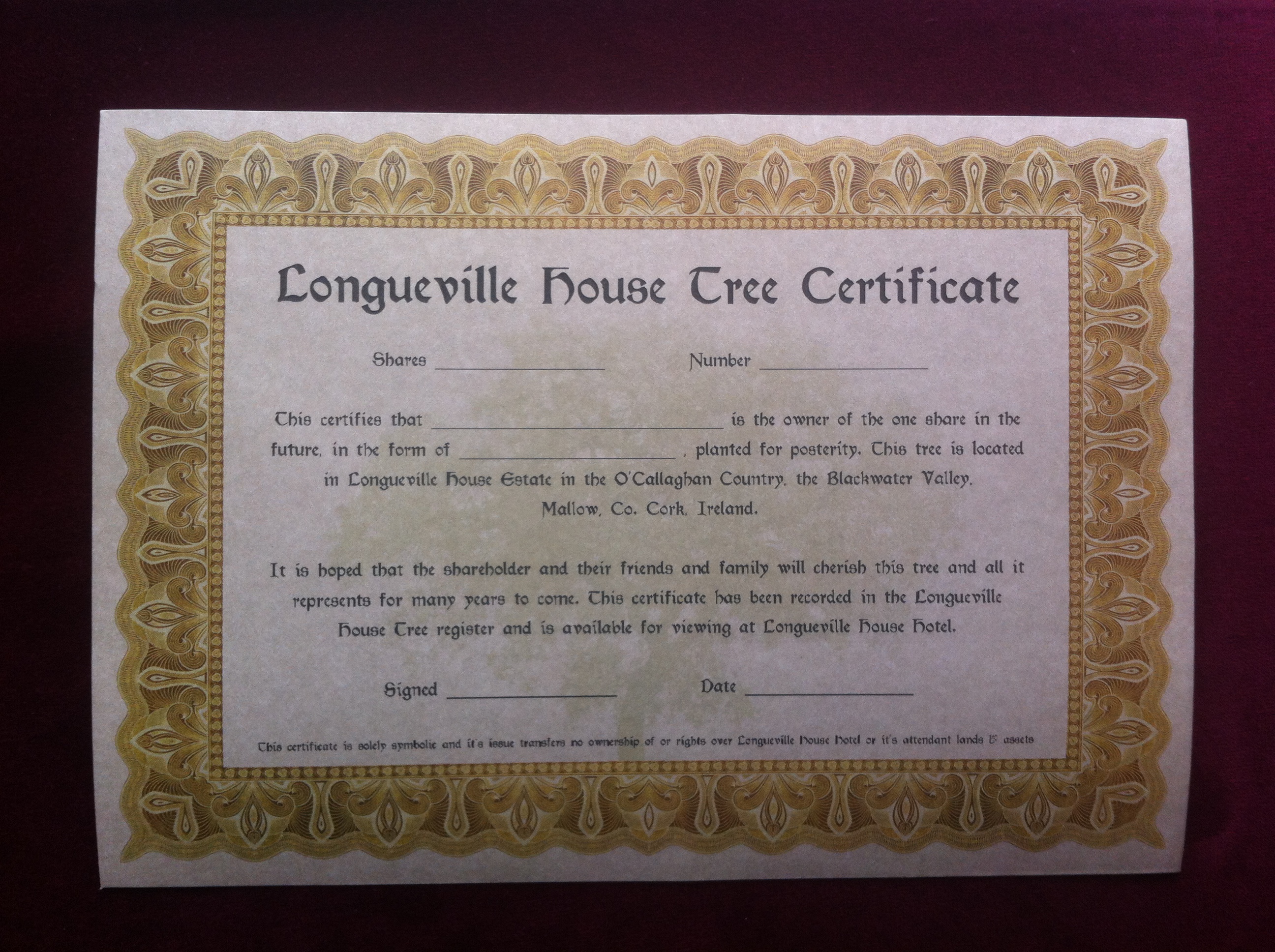 Longueville House Tree Certificate